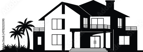 PrintModern tropical villa with palm trees, elegant contemporary home exterior, luxury vacation house design, black and white architectural vector illustration