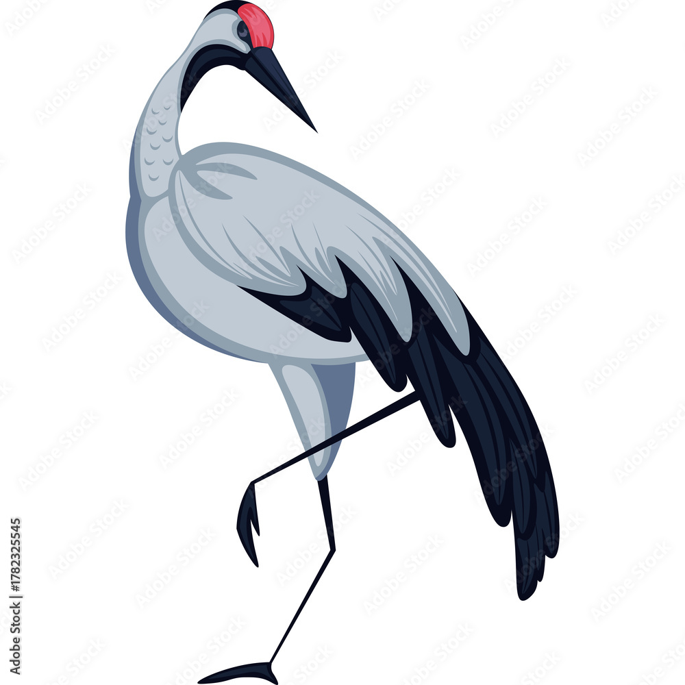 Obraz premium Pixel Art Japanese Crane Bird Standing on One Leg With Red Crown Detail and Gray Body Features Dark Blue Wing Accents and Long Black Legs on Transparent Background