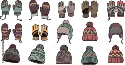 Assortment of winter hats and gloves in a cute cartoon style on a white background