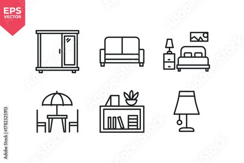 Set of line icons related to furniture, home decor, garden furniture, sofa, lamp, sofa, bedroom, sideboard. Editable stroke. Vector illustration