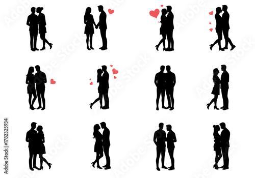 Silhouetted Love Couples in Various Romantic Poses and Affectionate Gestures