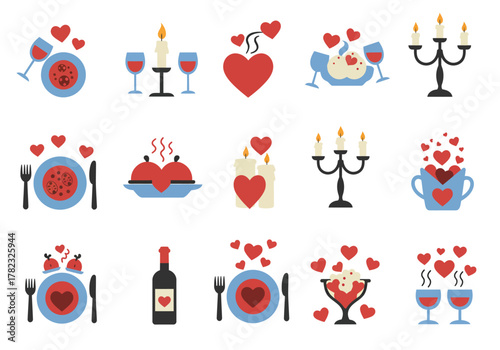 Romantic Valentine's Day Dinner Icons Vector Illustration