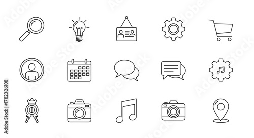 Thin Line Icon Set: A collection of outline signs for graphic and web design, apps, adverts, and various cards. This vector cartoon illustration features icons for search, idea, user profile