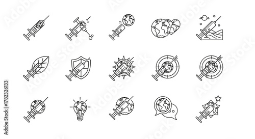 Set of 15 minimalistic thin line icons representing syringes interacting with the Earth, globe, leaf, shield, lightbulb, and target, symbolizing global health, vaccination, environmental protection
