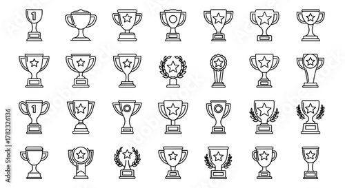 Collection of outline vector illustrations of winning cups and trophies, featuring editable strokes, perfect for infographics, articles, books, flyers, and banners, symbolizing achievement and