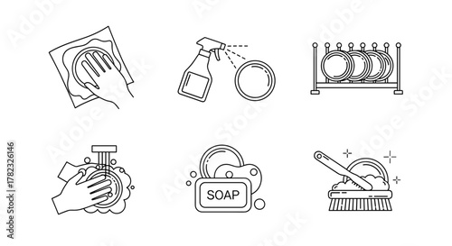 Outline icon set of coaster cleaning, featuring a hand wiping a coaster with a cloth, a spray bottle cleaning a coaster, coasters on a drying rack, hands washing a coaster under running water, soap