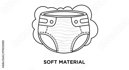 Baby diaper and pants line icons set, representing baby care, newborn hygiene, and features like absorbency, breathability, cotton, and soft material. This vector pictogram collection is ideal for