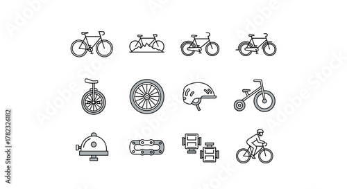 Collection of modern and editable bicycle icons isolated on a clean white background, featuring various types of bicycles, unicycles, bicycle parts like wheels and chains, safety gear such as