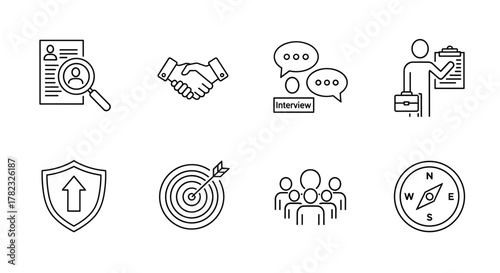 Recruitment and HR vector icon set featuring a resume with a magnifying glass, handshake, interview chat bubbles, candidate with briefcase and clipboard, shield with upward arrow, target with arrow