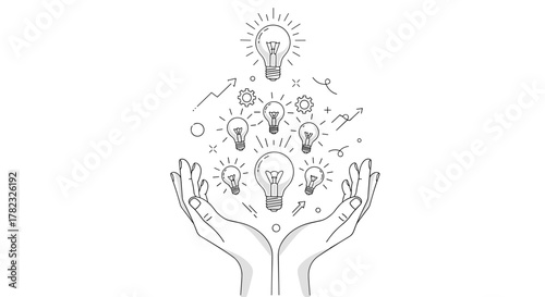 Conceptual line art illustration of creative hands gently holding and presenting a cluster of glowing light bulbs, symbolizing inspiration, innovation, and the birth of new ideas, with gears and