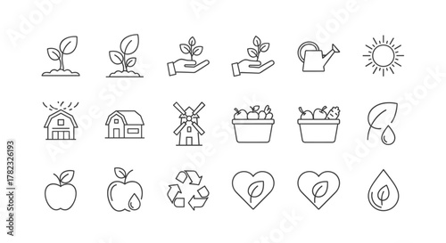 Organic farming icon set featuring a sprout growing from soil, a plant in a hand, a watering can, a sun, a barn, a windmill, baskets of fruits and vegetables, apples, a recycling symbol, hearts with