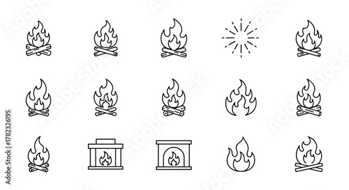 Set of fire and flame vector icons, including bonfires, fireplaces, and abstract fiery elements, presented as a clean, ordered line icon collection on a white background, perfect for digital and