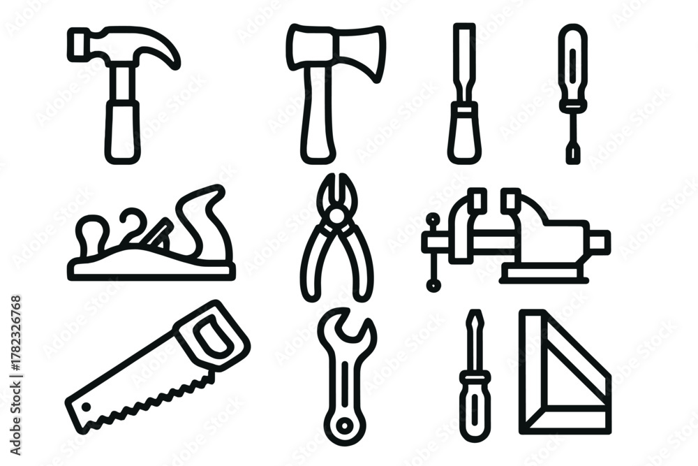Obraz premium 10 icons of construction/repair tools, in line art style (clean black outlines, no fill). Each icon is minimalistic, with clear lines.