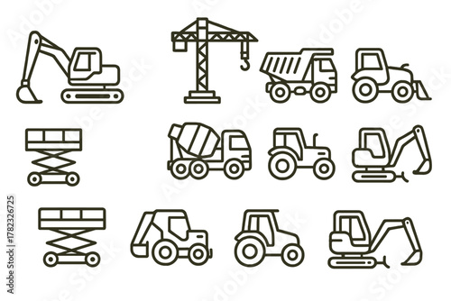 12 icons of construction equipment in line art style (black outlines, no fill) Each icon is minimalistic, clear, with thin lines.