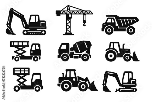 9 icons of construction equipment in black silhouette style (black solid silhouettes on a white background)