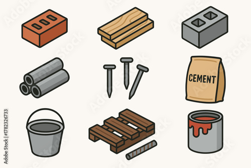 9 icons of building materials in flat cartoon + line fill style (black outline + textured fill). Each icon is three-dimensional, with a slight shadow and realistic texture.