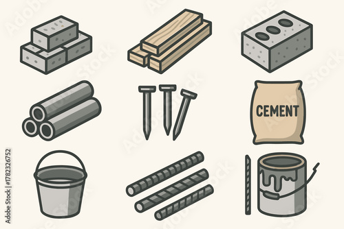 9 icons of building materials in flat cartoon + line fill style (black outline + textured fill). Each icon is three-dimensional, with a slight shadow and realistic texture.