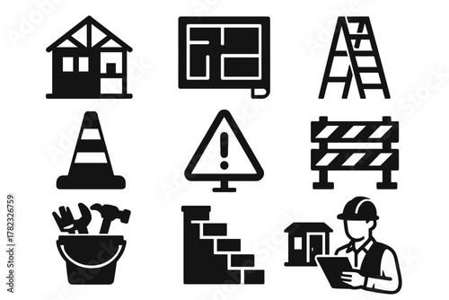 9 icons related to construction in line art style (black outlines, no fill)