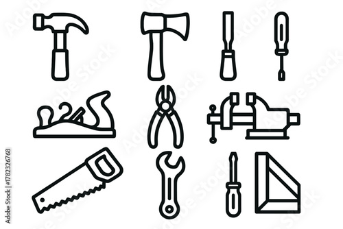 10 icons of construction/repair tools, in line art style (clean black outlines, no fill). Each icon is minimalistic, with clear lines.