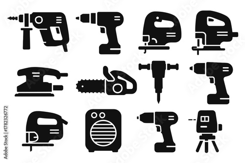 12 power tool icons in black silhouette style (black solid silhouettes on a white background)