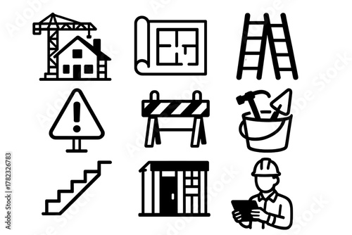 9 icons related to construction in line art style (black outlines, no fill)