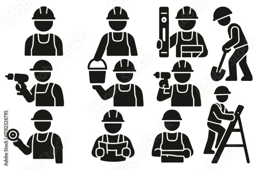 12 silhouette/black icon builders icons (black silhouettes on a white background). Each figure is a worker wearing a helmet and overalls, with different tools/actions.