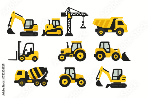 12 colorful vector icons of construction equipment in flat design style with a dominant yellow palette (yellow + black + gray). All icons are filled, rounded, and minimalistic in detail.