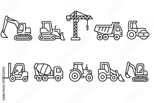 A set of 10 black and white outline vector icons of construction equipment in a minimalist style. All icons are outlined, without fill, with thin lines, and made in a single style.