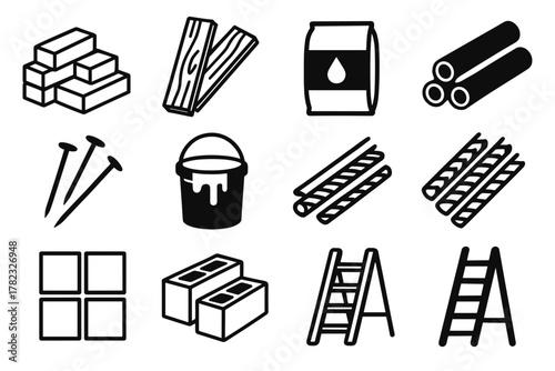 A set of 12 black and white vector icons of building materials and tools in line art style with partial filling (black elements on a white background). All icons are minimalistic and made in a single 