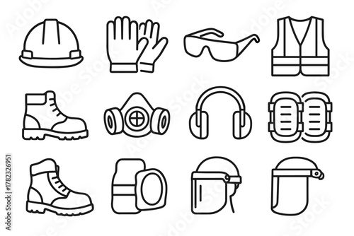 12 black and white outline vector icons of personal protective equipment (PPE) for construction workers and industrial workers. All icons are outline, minimalistic, without fill, in a uniform style wi