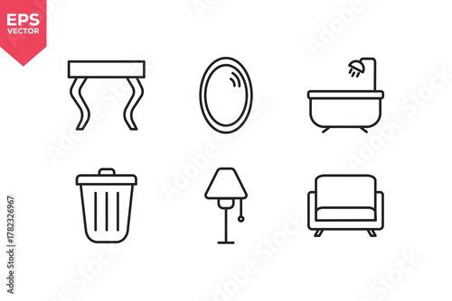 Set of line icons related to furniture, home decor, bathroom, sofa, mirror, floor lamp. Editable stroke. Vector illustration