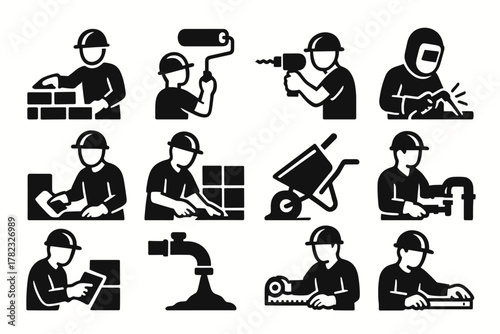 12 black stick figure icons depicting builders wearing hard hats performing various construction and repair tasks. All icons are minimalistic, vector-based, filled, and without outlines.