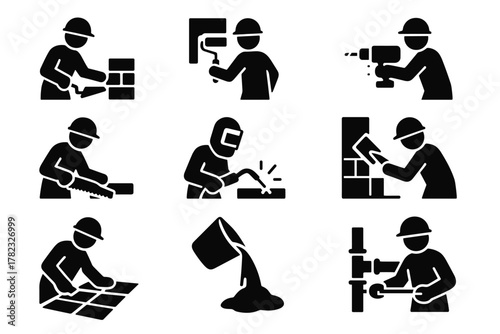 9 silhouette (black and white) vector icons depicting builders performing various activities. All icons are monochrome, filled with black, without outlines or color.