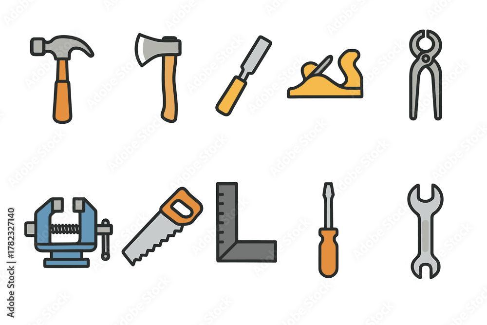 Fototapeta premium A set of 10 colorful vector icons (with thick outlines and fills) depicting hand tools for carpentry and metalwork.
