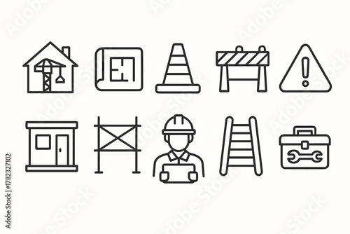 linear (black and white) vector icons depicting elements of a construction site, design, and safety. All icons are outlined, without fill, with a thin black outline.