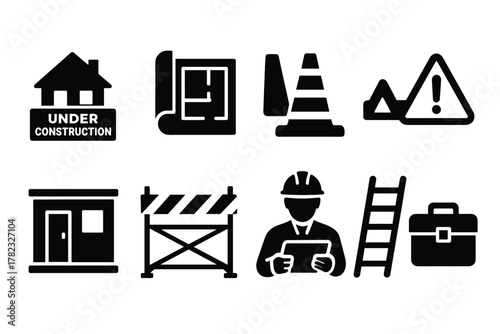 silhouette (black and white) vector icons depicting elements of a construction site, safety, and design. All icons are monochrome, filled with black, without outline or color.