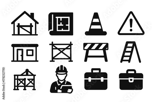 silhouette (black and white) vector icons depicting elements of a construction site, safety, and design. All icons are monochrome, filled with black, without outline or color.
