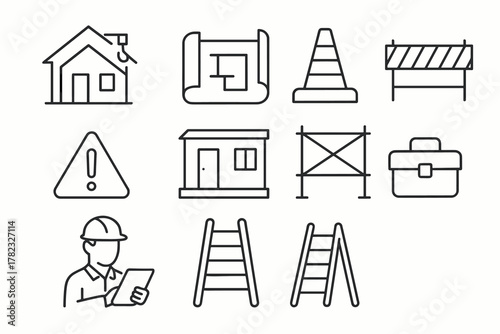 11 linear (black and white) vector icons depicting elements of a construction site, design, and safety. All icons are outlined, without fill, with a thin black outline.