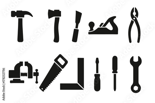 12 silhouette (black and white) vector icons depicting hand tools for carpentry and metalwork. All icons are monochrome, filled with black, without outline or color fill.