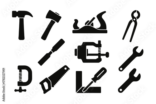 12 silhouette (black and white) vector icons depicting hand tools for carpentry and metalwork. All icons are monochrome, filled with black, without outline or color fill.