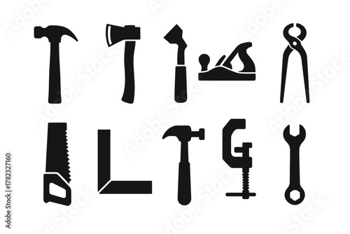 10 silhouette (black and white) vector icons depicting hand tools for carpentry and metalwork. All icons are monochrome, filled with black, without outline or color fill.