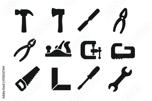 12 silhouette (black and white) vector icons depicting hand tools for carpentry and metalwork. All icons are monochrome, filled with black, without outline or color fill.