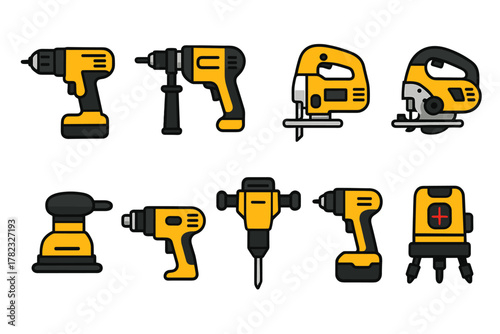 A set of 9 colorful vector icons (with thick outlines and fills) depicting power tools in a uniform yellow and black color scheme.
