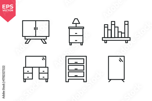 Set of line icons related to furniture, home decor, side board, mirror. Editable stroke. Vector illustration