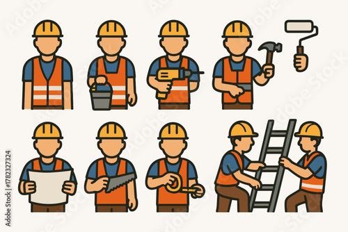 A set of 10 colored vector icons with fill and outline, depicting the same builder in a yellow helmet, blue vest with reflective stripes, and orange pants performing various actions.