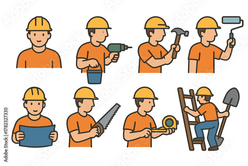 colored icons with fill and outline, the same builder in a yellow helmet and orange T-shirt performing different actions. 