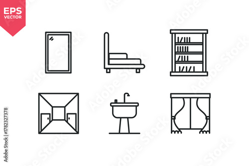 Set of line icons related to furniture, home decor, curtain, mirror, bookcase, wash stand. Editable stroke. Vector illustration