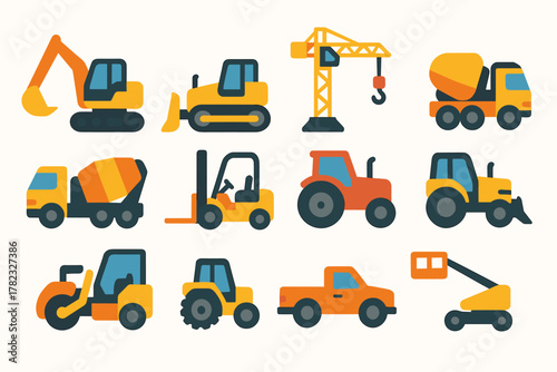 colorful vector icons (with thick black outlines and yellow fill) depicting construction and road equipment. All machines are in a uniform yellow and black style.