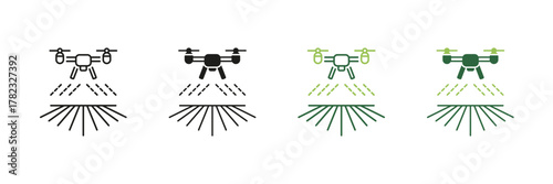 Drone Spraying Agricultural Fields Line And Solid Icon Set. Precision Farming And Crop Management Symbol Collection. Advanced Technology In Agriculture. Isolated Vector Illustration