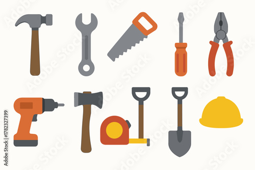 A set of icons representing tools and equipment for construction and repair. All icons are designed in a simplified style using colors such as brown, gray, blue, and yellow.
